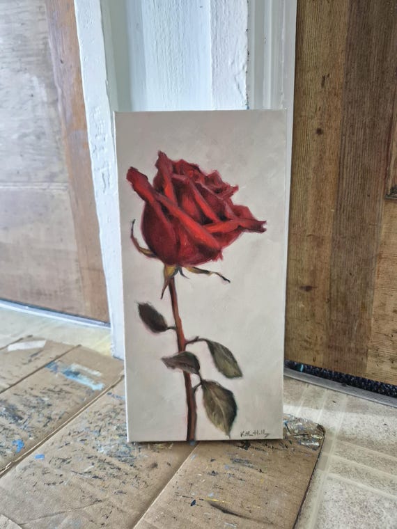 Red Rose Oil Painting on Linen Canvas 6x12