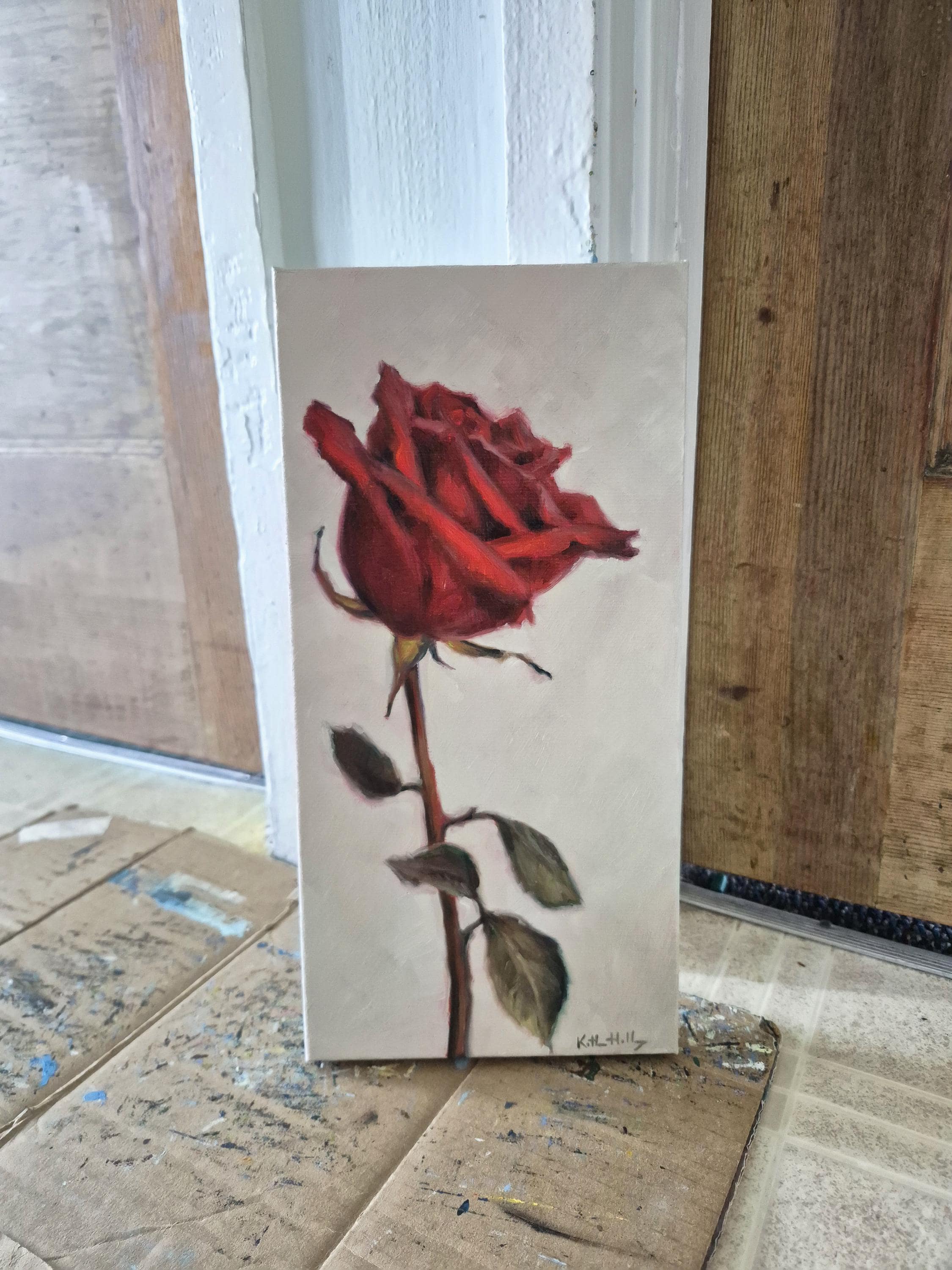 Red Rose Oil Painting on Linen Canvas 6x12