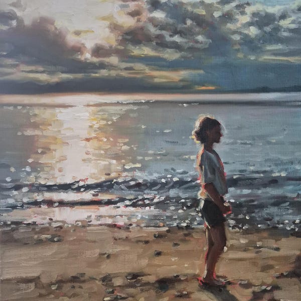 Walking the shore, original girl figure oil painting 9x12"