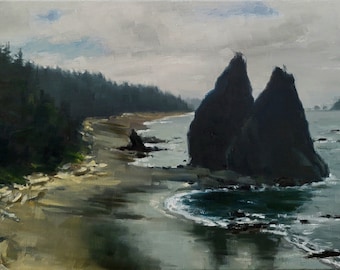 Rialto Beach seastacks, original landscape oil painting Washington coast Pacific Northwest ocean seascape linen canvas handmade wall art