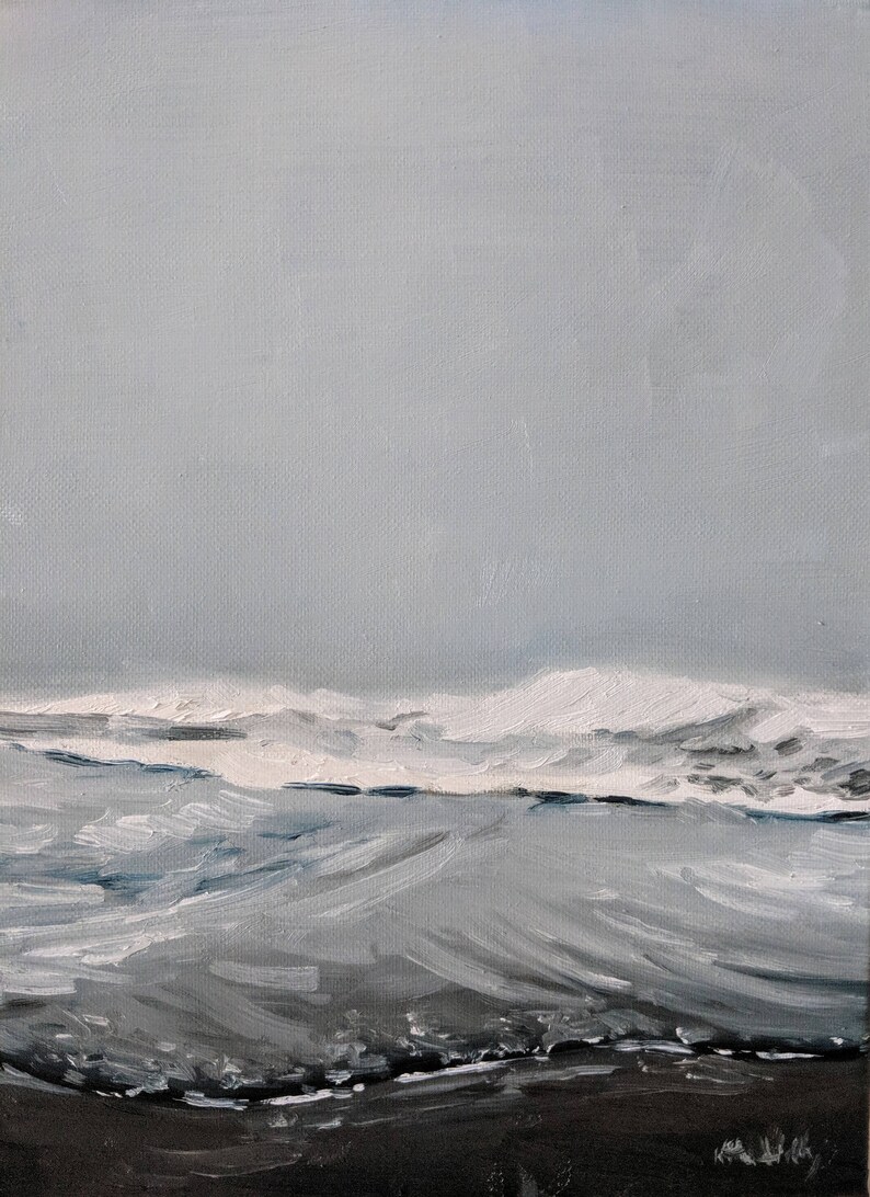 Impressionist Monochrome Water Art Ocean Waves in the Morning Fog Final Sale Original Landscape Oil Painting Minimalist Seascape