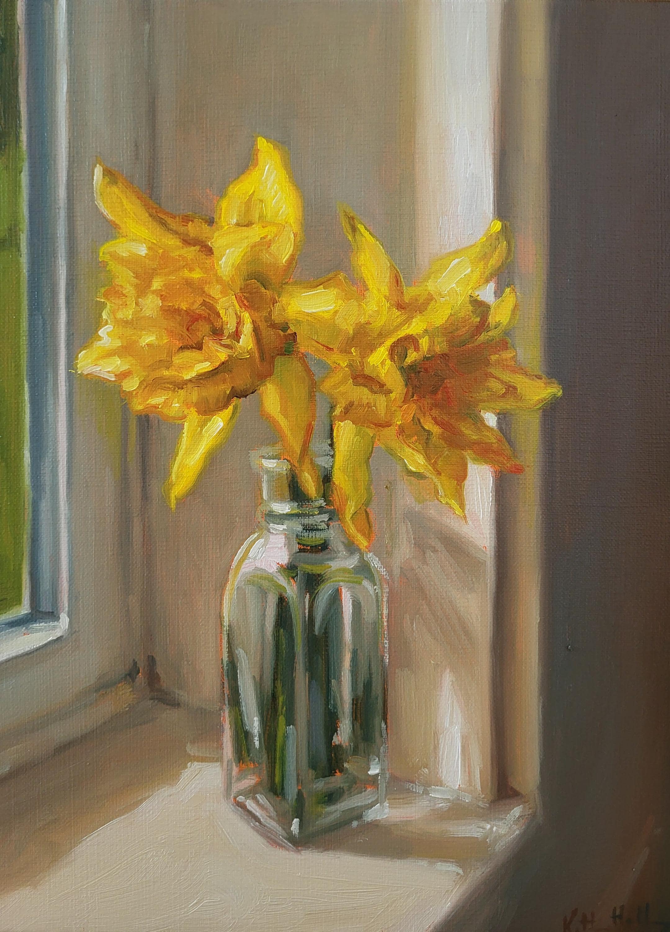 窓辺の水仙、オリジナルの花の静物油絵、黄色の花の印象派の春の植物の