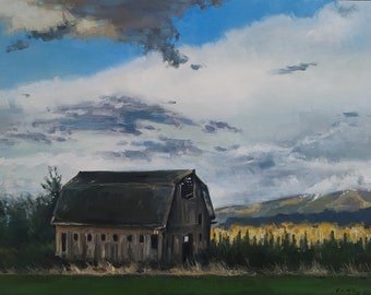The old barn, original landscape oil painting impressionist Pacific Northwest wall art farm fields Skagit Valley Mount Vernon spring day