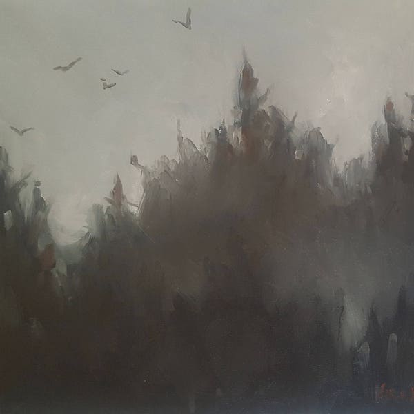 Sale, Dark Evergreen Pine Trees in Morning Fog Original Landscape Oil Painting- Flying Birds- Abstract Minimalist Pacific Northwest Gray Art