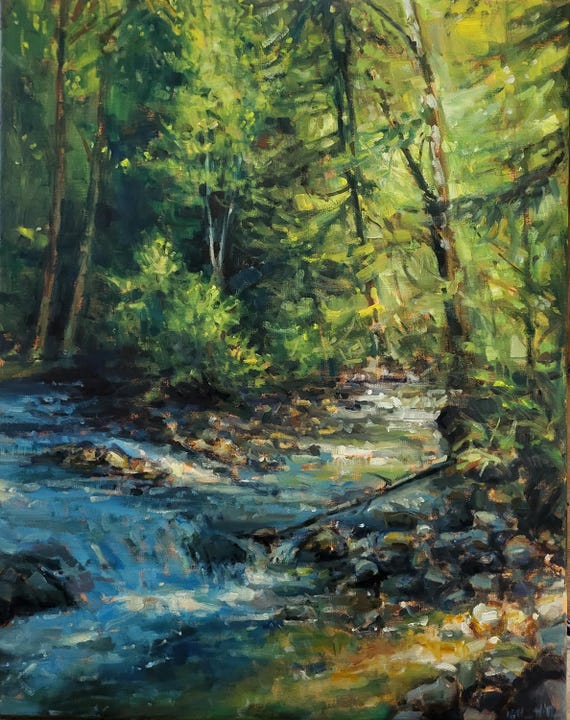 油絵 絵画【森の風景】 森の小川の油絵 川の風景 リネンキャンバス 16x20インチ - Etsy 日本