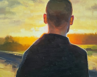 Man watching sunset, original male turned portrait oil painting, evening figure study impressionist summer sky warm light masculine wall art