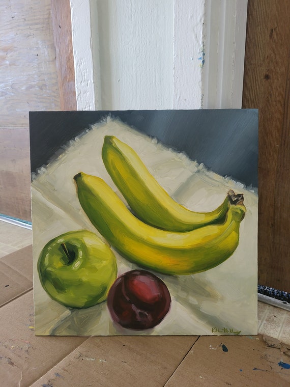 セール オリジナルフルーツ静物油絵、バナナ、リンゴ、黒プラム、食品