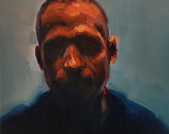 横顔の男性の肖像画、オリジナルの油絵の男性の胸像、暗い印象派の顔の