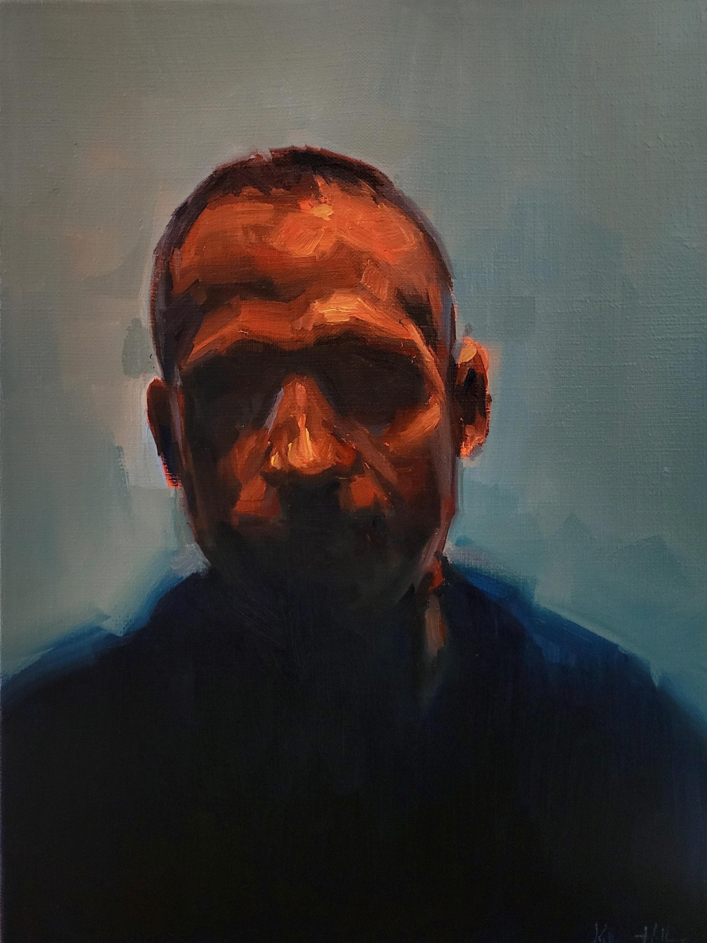 影のある男の肖像、オリジナル油絵、リネンキャンバス 9x12インチ