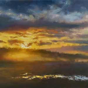 Sunset fog, original evening landscape oil painting, Pacific Northwest Washington Whidbey Island impressionist cloudy sky beautiful decor