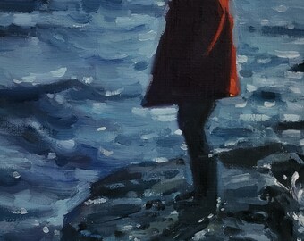 海景油絵、赤いコートを着た少女、太平洋岸北西部のアート 9x12インチ