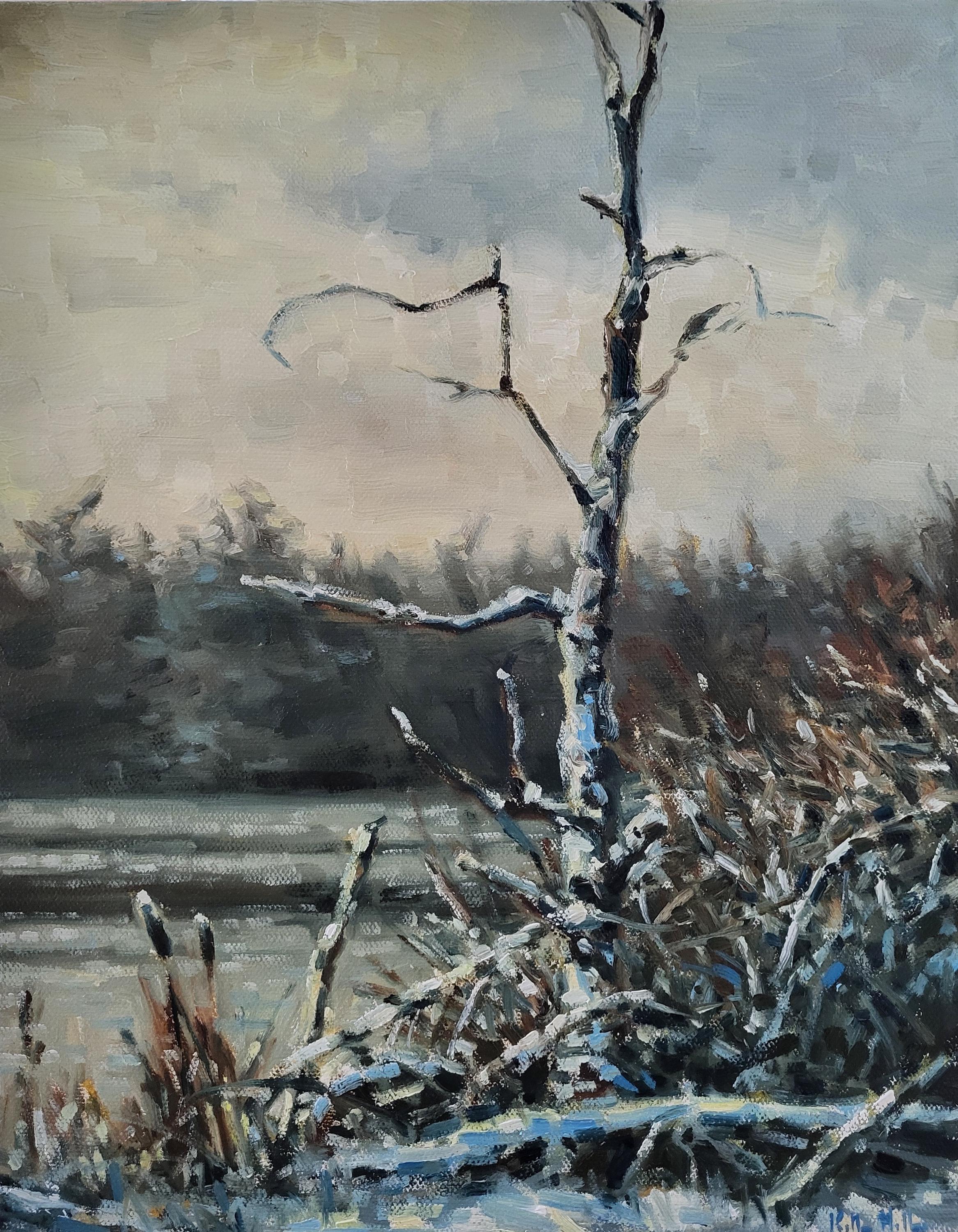 冬の湖畔の木々の油絵、印象派の雪景色、11x14インチのキャンバス