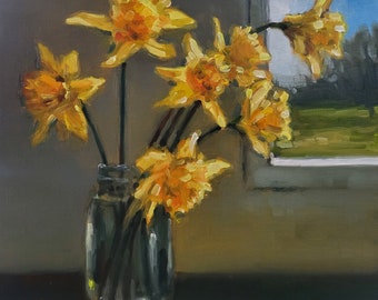 Daffodils by the window, original floral still life oil painting, small yellow flower study impressionist plant decor spring linen canvas