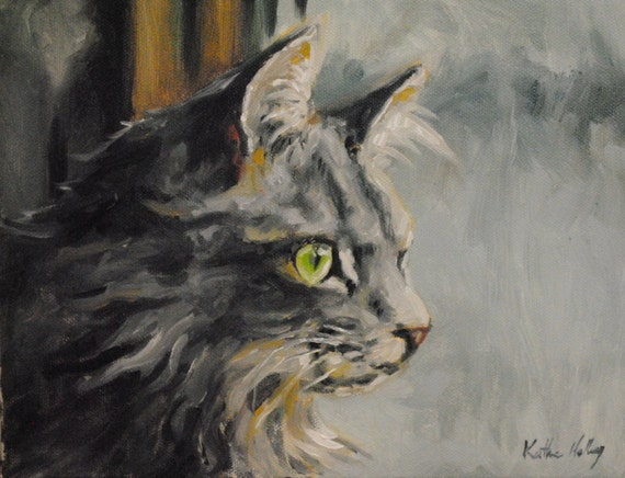 Long Hair Fluffy Gray Tiger Cat In The Rainy Window Original Etsy