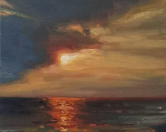 Seaside sunset original landscape oil painting 5x7" mini ocean beach on linen canvas