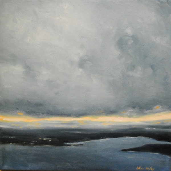 SALE- Heavy Clouds over the Water- The View from Orcas Island, San Juan Islands Washington- Original Landscape Oil Painting