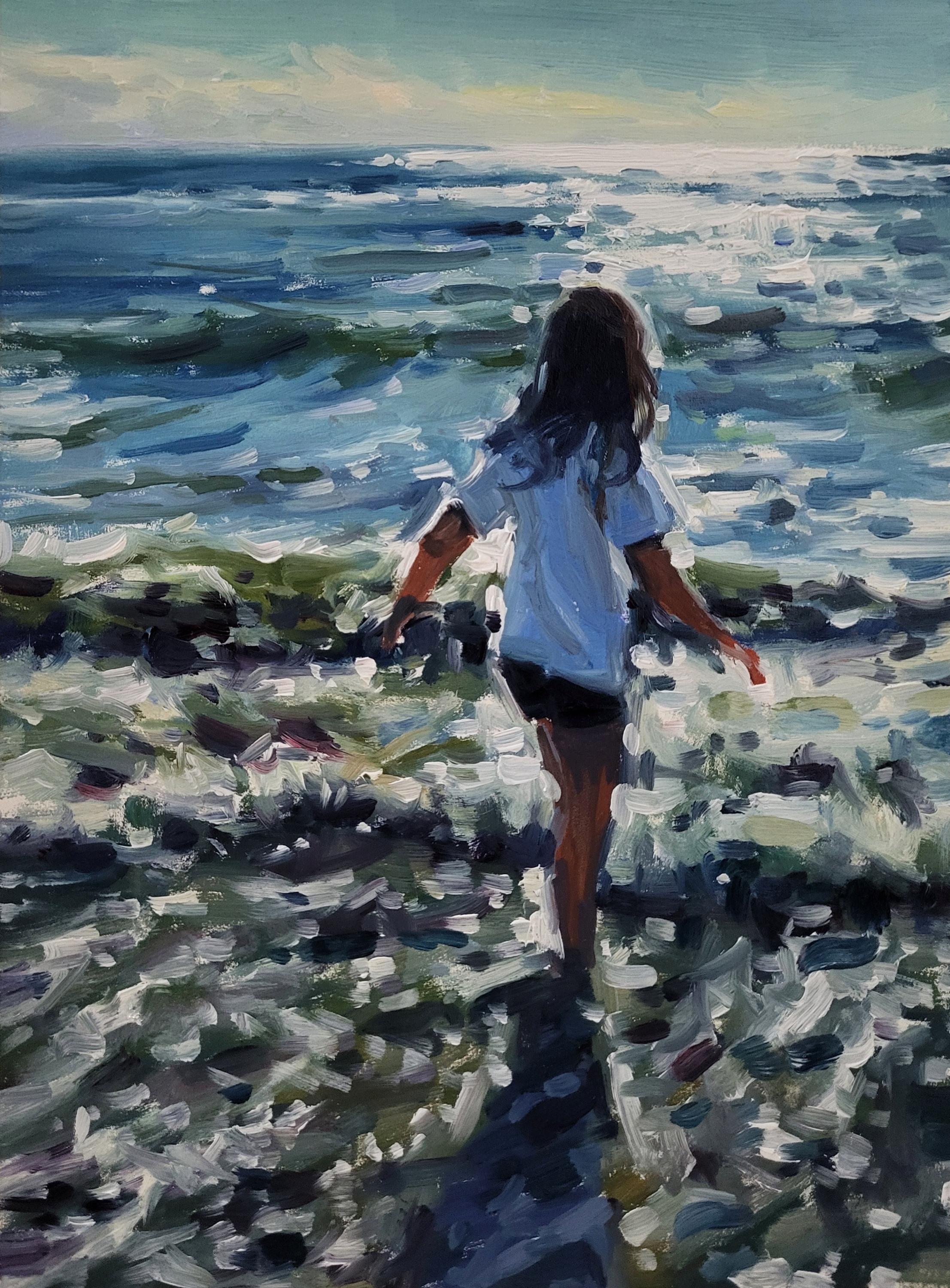 予約済み 海の少女、オリジナルの人物の海景油絵、ビーチの風景ミニ