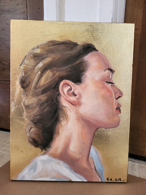 金色の横顔の女性、オリジナルの女性の肖像画の油絵、印象派の人物像