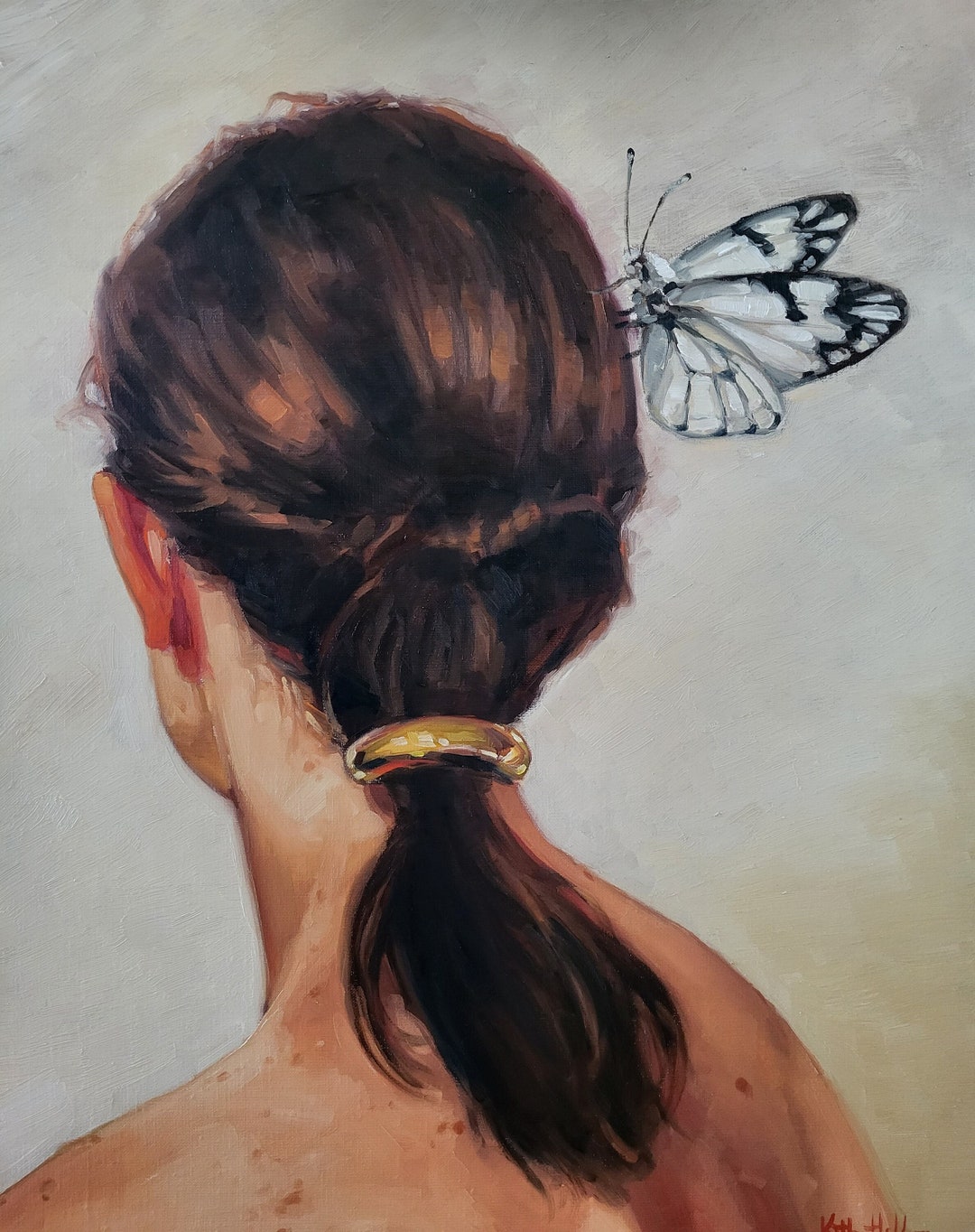 オリジナルの女性の肖像画、油絵、髪に蝶、リネンキャンバス、16x20