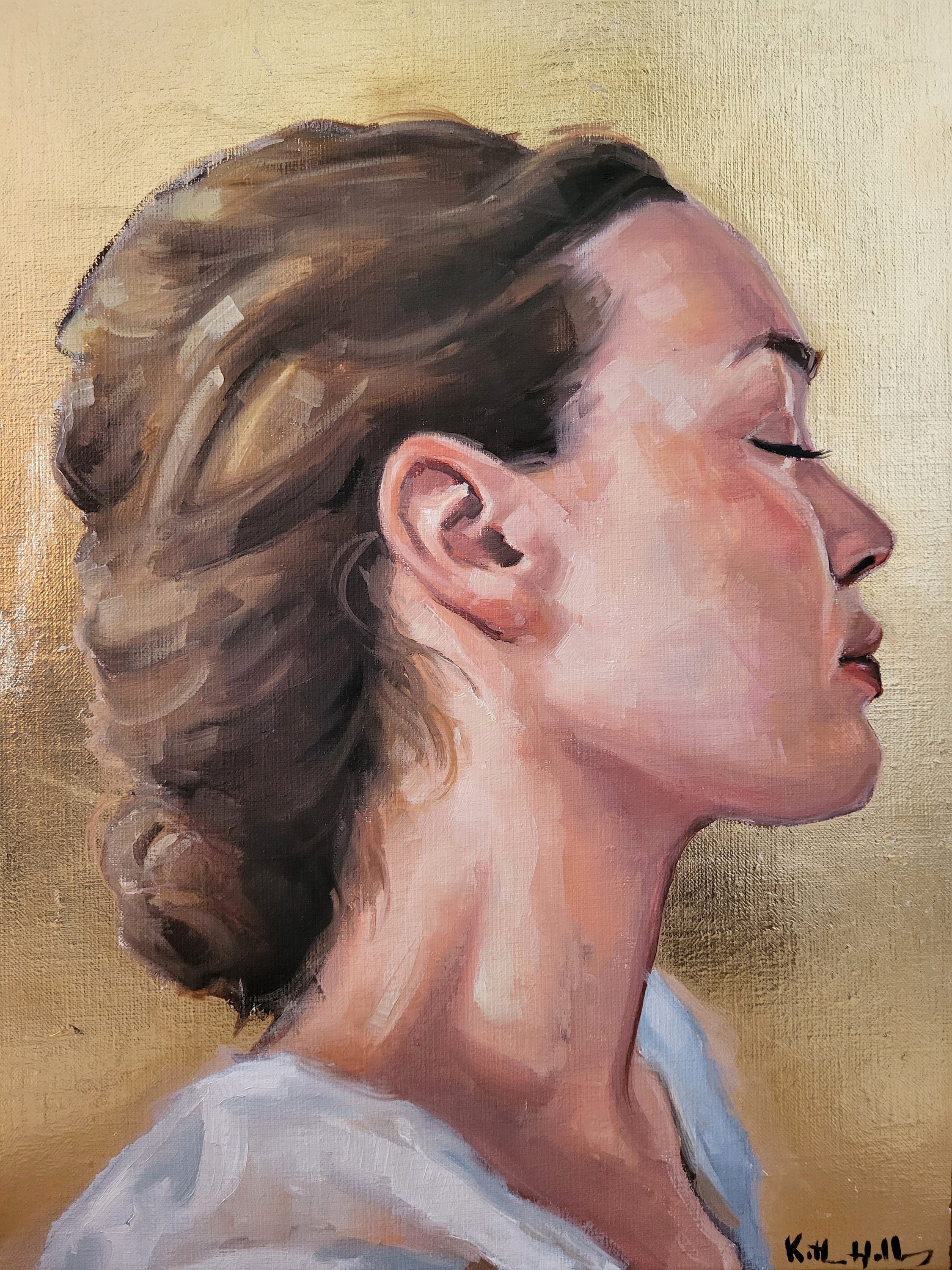 金色の横顔の女性、オリジナルの女性の肖像画の油絵、印象派の人物像