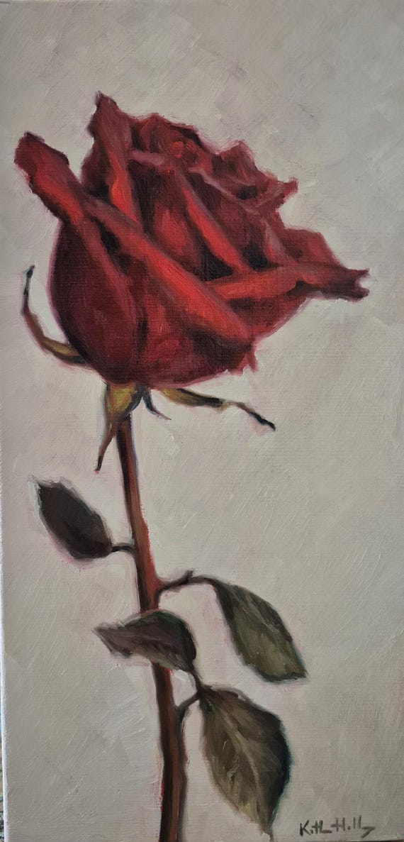 Red Rose Oil Painting on Linen Canvas 6x12