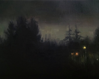 Dark trees and streetlights, original night landscape oil painting, impressionist nocturne moody study linen canvas Dusky sky handmade art