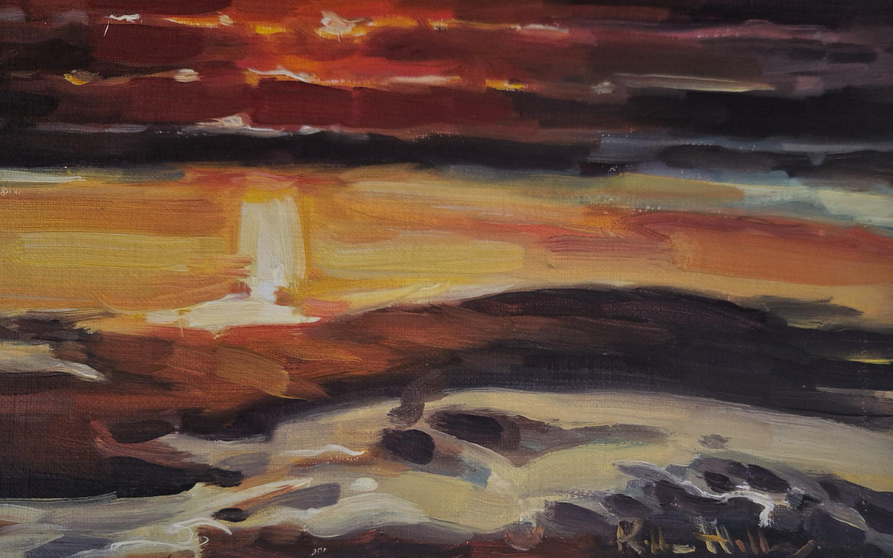 ネアベイの夕日の油絵、太平洋岸北西部の海景、10x20 キャンバス