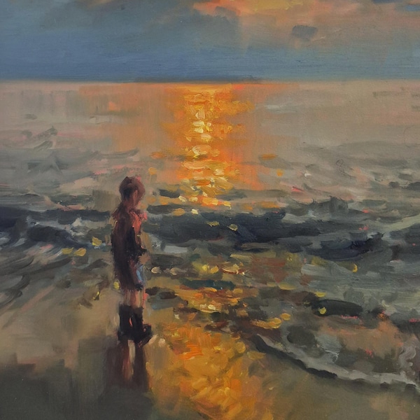 Boy by the water original oil painting on panel 6x8"