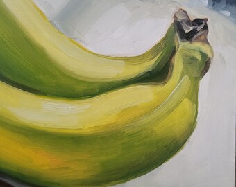 セール オリジナルフルーツ静物油絵、バナナ、リンゴ、黒プラム、食品