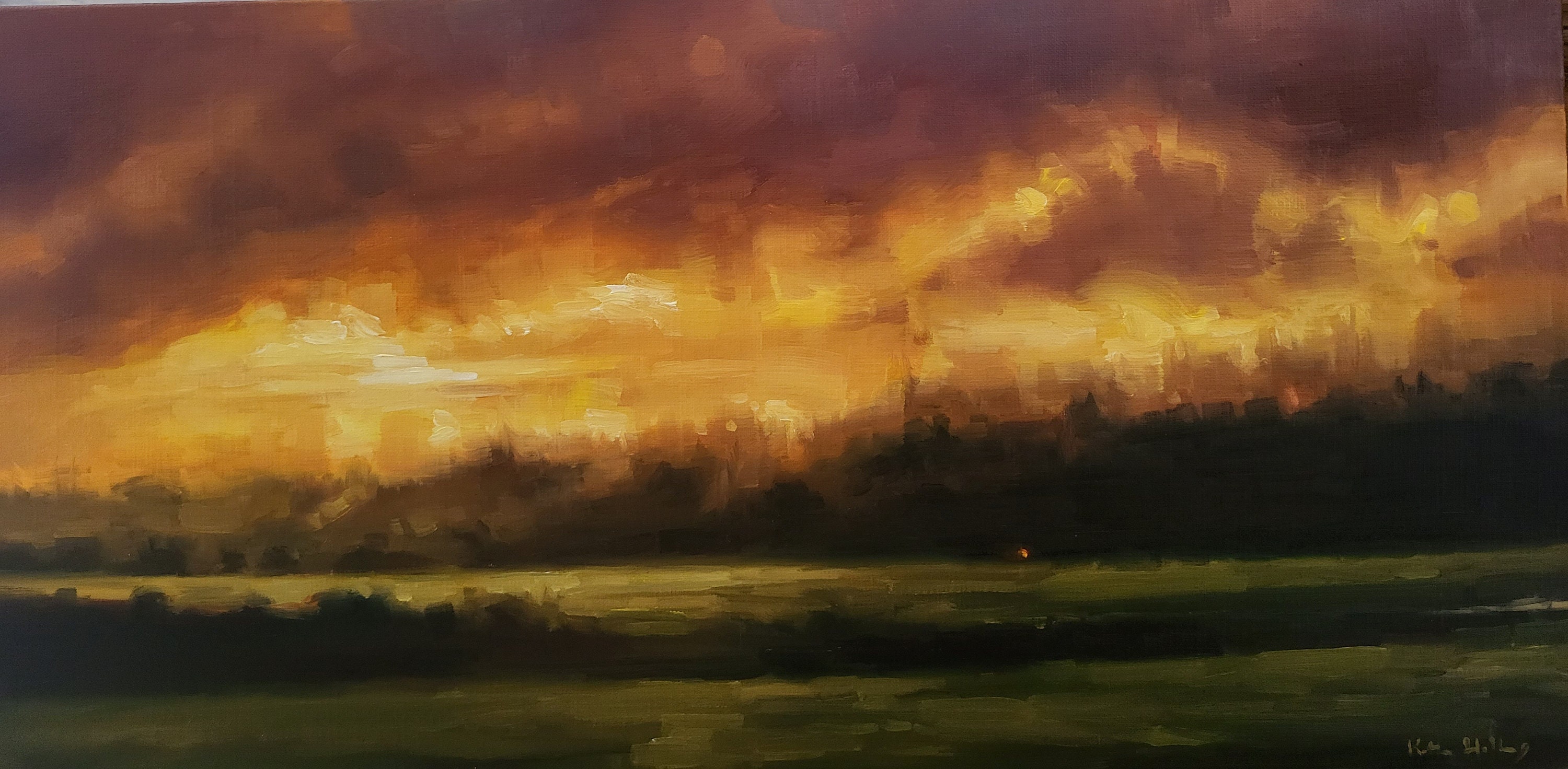 Late July sunset, original evening landscape oil painting, impressionist clouds dramatic sky Pacific Northwest Whidbey Island Washington