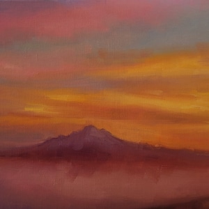 Pink sunrise sky over Mt. Baker, original landscape oil painting, impressionist Whidbey island Pacific Northwest wall decor, dawn art