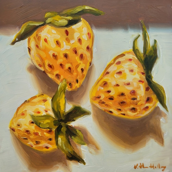 Tres Pineberries, pintura al óleo original de bodegones de frutas, mini fresas blancas, arte hecho a mano de cocina de decoración de comida impresionista pequeña