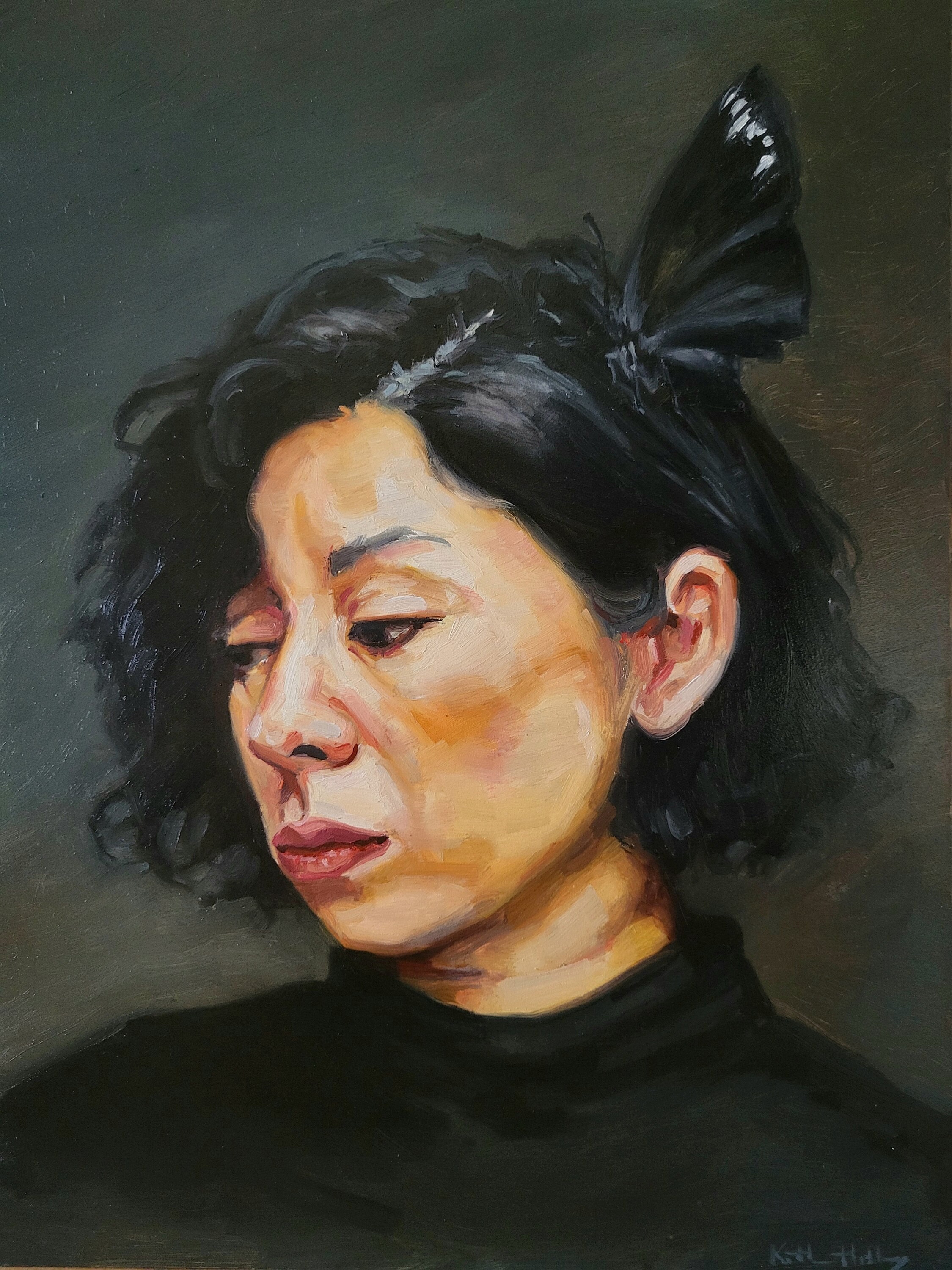 オリジナルの女性の肖像画油絵「蝶を持つ女性」パネルに描かれた12x16
