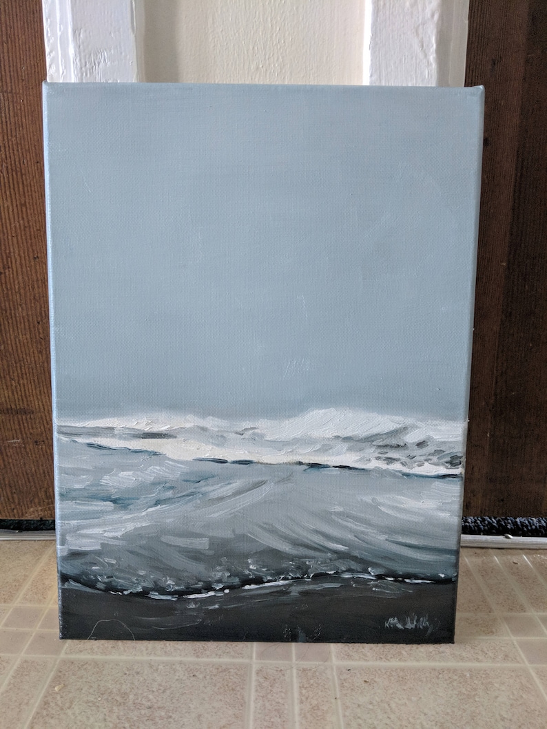 Impressionist Monochrome Water Art Ocean Waves in the Morning Fog Final Sale Original Landscape Oil Painting Minimalist Seascape
