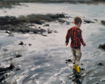Boy in shallow water, original child portrait oil painting, small study mini impressionist Pacific Northwest Beach landscape, seascape art
