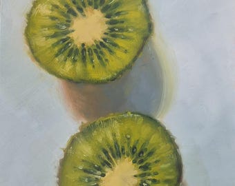 Juicy green kiwi original oil painting 5x7" mini fruit study on gessoboard panel