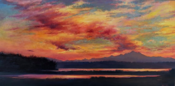 マウント・ベイカーの日の出油絵 ウィッビー島の風景 パネルに描かれた 
