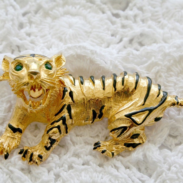 Alexis Kirk Large Tiger Pin Brooch Designer Pin Gorgeous Statement Piece Well-Crafted Enamel Shiny Rhinestones, Beautiful Pin Rare Vintage