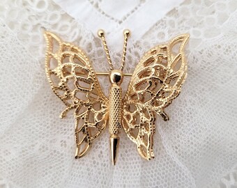 Monet Vintage Layered Butterfly Brooch Gorgeous Gold Tone Metal with Different Textures and Finishes Wonderful Pin Upscale Look