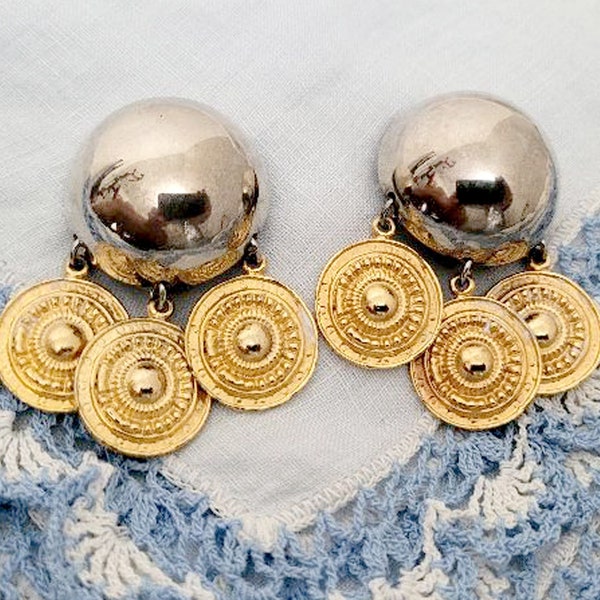 VINTAGE Large Shiny Silvertone Domed Button Clip On Earrings Feature 3 Textured Gold Tone Metal Dangles Unique Earrings Silver and Gold