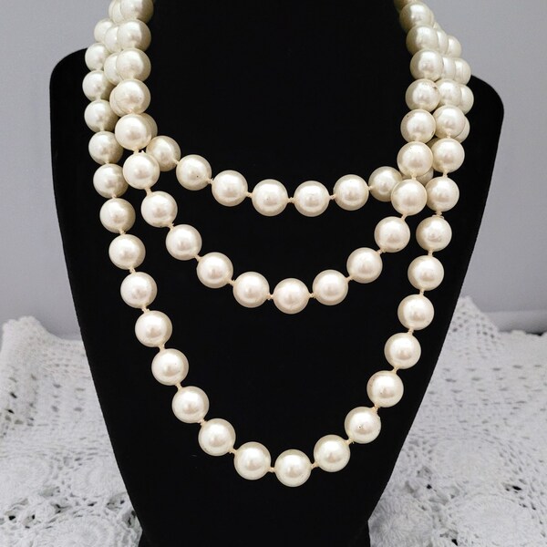 Vintage HONG KONG Single Strand 53 Inch Simulated Pearl Necklace Creamy White Finish Knotted Marked Fabulous Condition Casual Elegance SALE