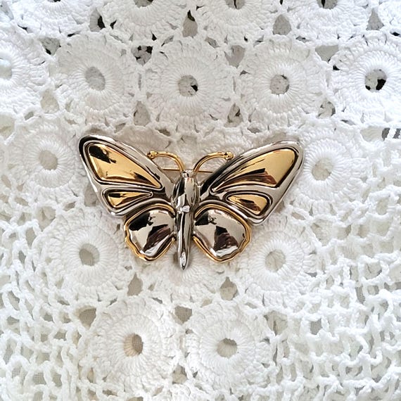 Liz Claiborne Gold and Silver Tone Butterfly Brooch Shiny and Bright Lapel Pins are So in Style for Men and Women! View 2