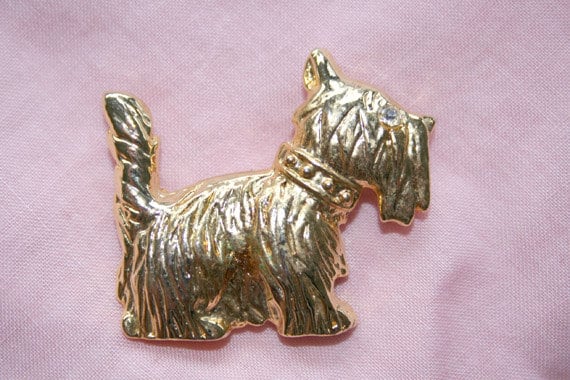 Vintage Lucite Brass Statement Brooch, Scotty Dog Pin 2 5/8