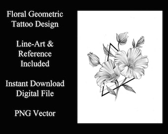 Puede incluir: Diseño de tatuaje en blanco y negro de flores dentro de un triángulo geométrico. El diseño es perfecto para un tatuaje floral.