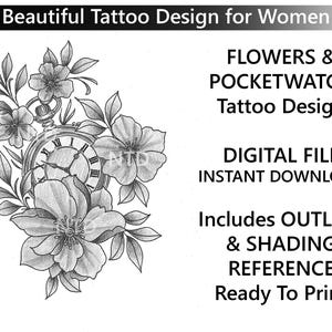 Flowers Pocketwatch Tattoo Design - Outline for Stencil - Black & Grey Tattoo - Tattoos for Women - Tattoo Sleeve - Floral Tattoo - Stencil