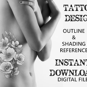 Flowers Rib Tattoo Design - Line Art and Reference - Black & Grey Tattoo - Tattoos for Women - Tattoo Sleeve - Floral Tattoo - Stencil