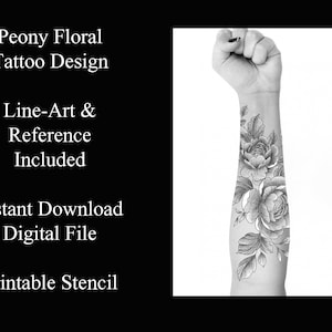 Peony Floral Tattoo Design - Line Art - Reference - Black and Grey Tattoo - Tattoos for Women - Tattoo Sleeve - Floral Tattoo - Stencil