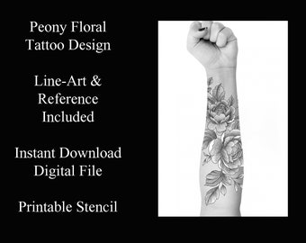 Puede incluir: Diseño de tatuaje de peonías en blanco y negro en un antebrazo. El diseño incluye una imagen de referencia de arte lineal.  Peony Floral Tattoo Design. Line-Art & Reference Included. Instant Download Digital File. Printable Stencil.