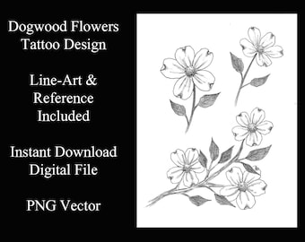 Puede incluir: Una descarga digital de un diseño de tatuaje de línea de arte con cuatro flores de cornejo. Las flores están dibujadas en un estilo simple y elegante, con pétalos y hojas delicados. El diseño es perfecto para cualquiera que busque un tatuaje hermoso y significativo.