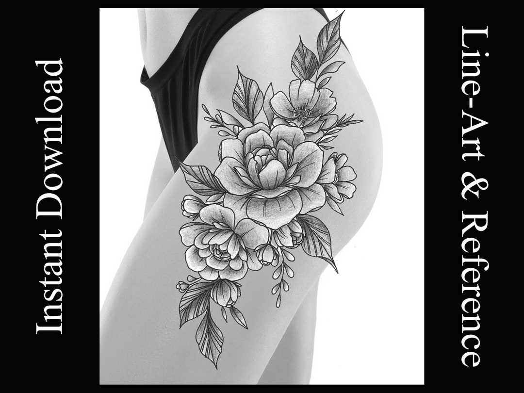 Floral Thigh Tattoo Design: Line Art Stencil (digital Download) - Etsy, image size:1080x810